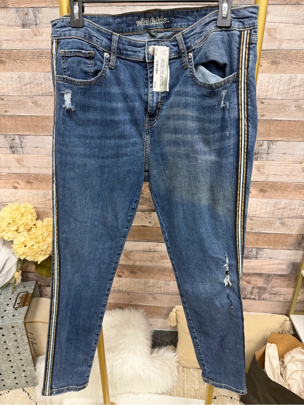 Wild Fable Skinny Side Stripe Detail Blue Jeans Brown and Navy Stripes